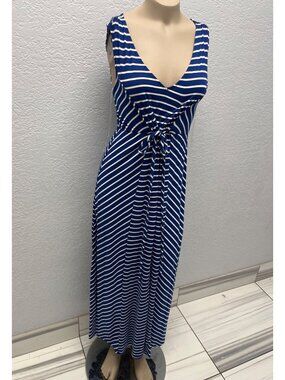 #1126 Isabel Maternity XS Navy Blue Striped Tie Waist Maxi Dress